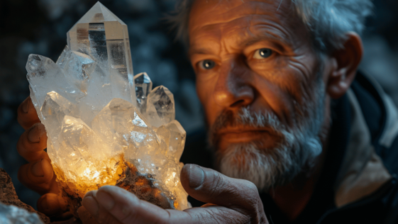 man holding up a crystal he found in arkansas