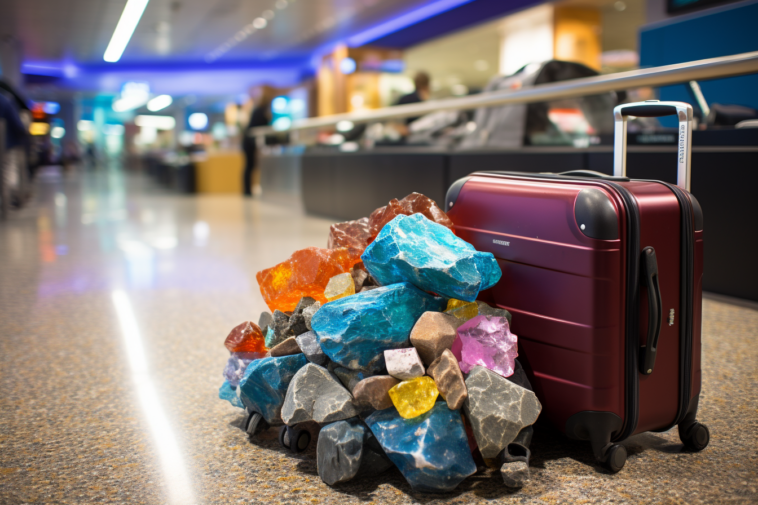 suitcase next to rock collection in airport terminal