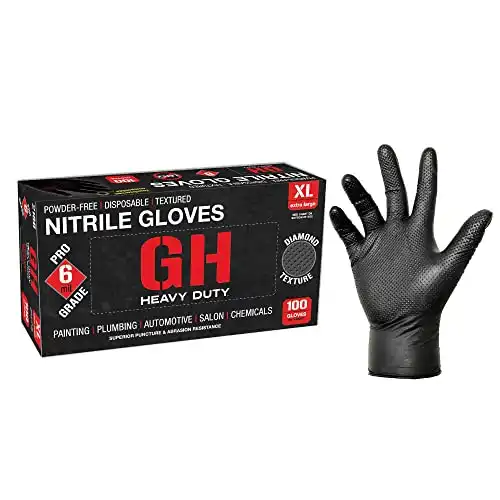 GH Heavy Duty Black Diamond Textured Nitrile Gloves, 100 Pack of 6 mil Disposable Gloves, Large