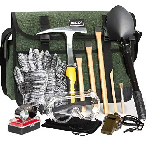 INCLY 15 PCS Geology Rock Pick Hammer Kit, 3 PCS Digging Chisels Set for Rock Hounding, Gold Mining & Prospecting Equipment Tool with Shovel Musette Bag, Compass, Whistle, Wooden Chisel