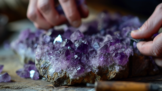 beautiful purple amethyst crystal being cleaned