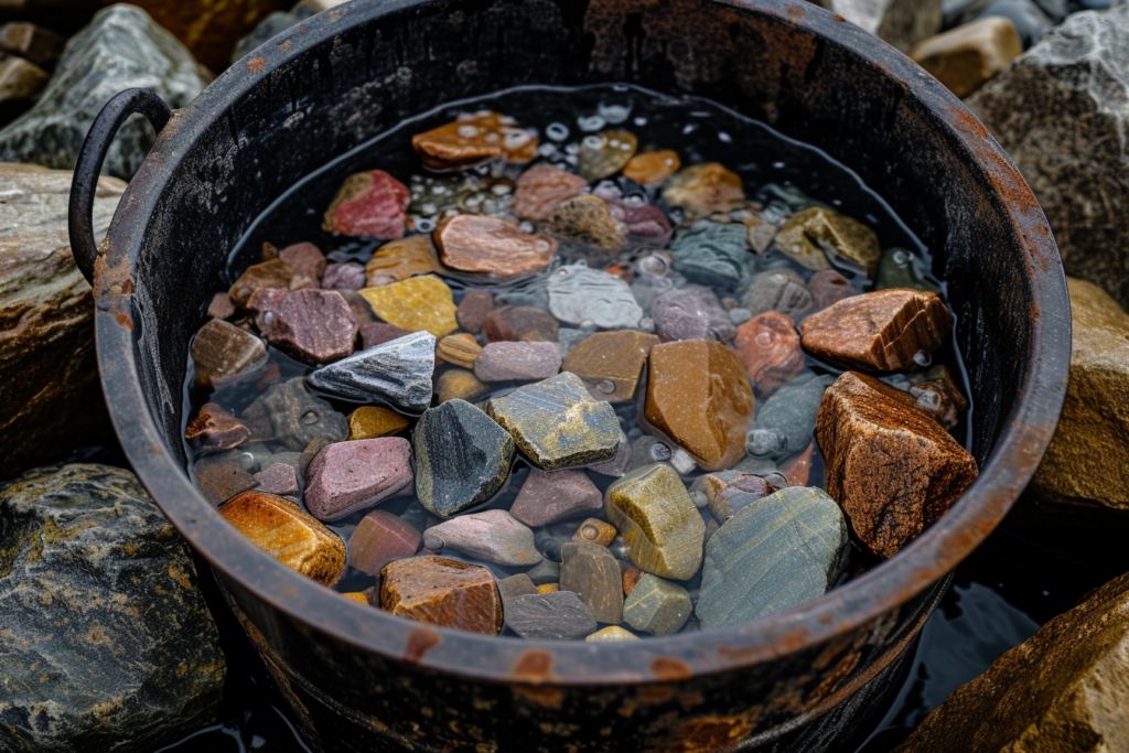 bucket of rocks and minerals soaking in water