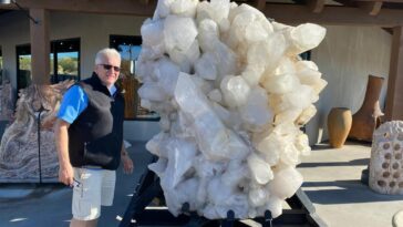 man standing next to giant crystal at rock and mineral show