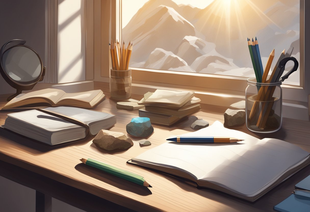 A desk with a blank journal, rock samples, a magnifying glass, and a pencil. Light streams in through a nearby window, casting shadows on the pages