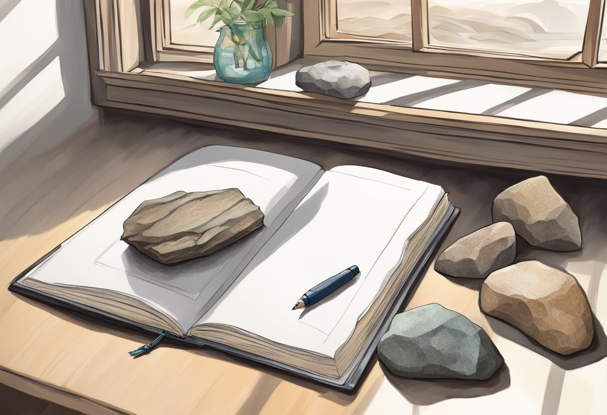 A table with a blank journal, a pen, and various rock specimens. A window lets in natural light, casting shadows on the page