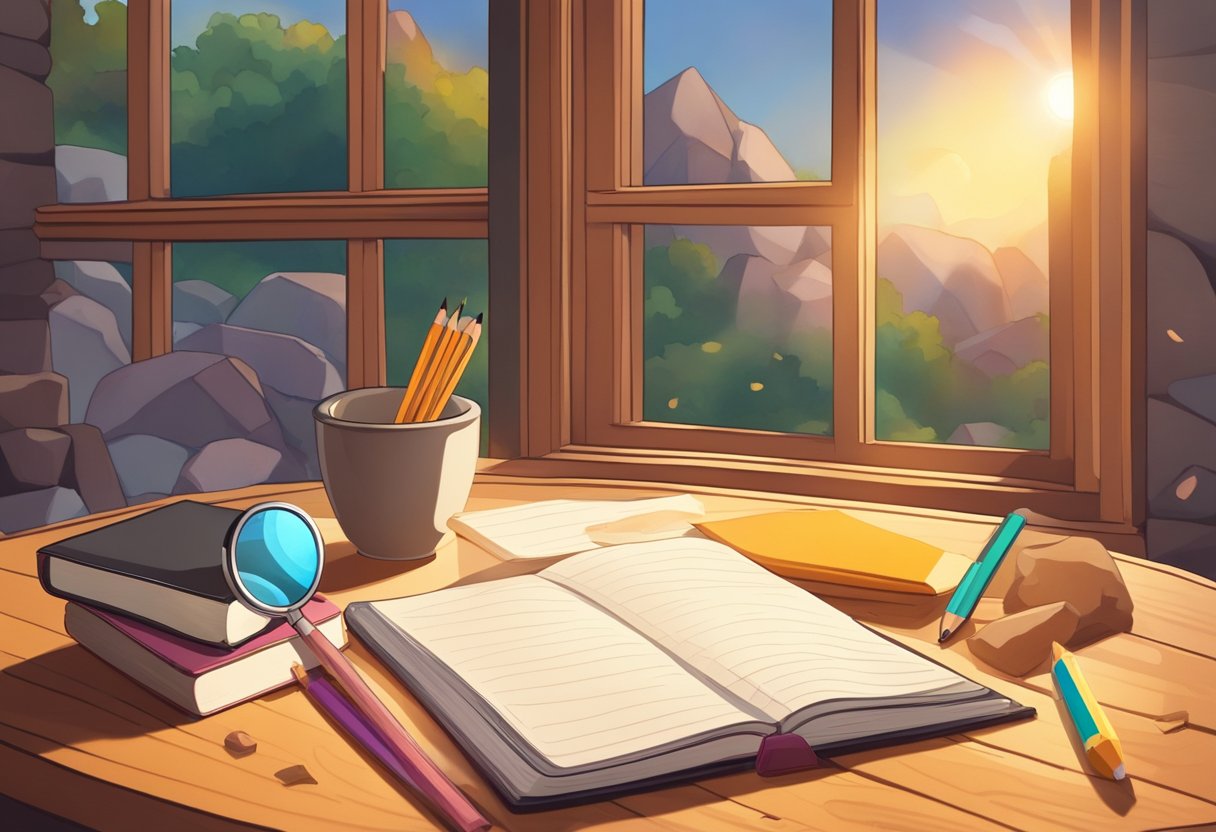 A blank journal sits on a wooden table, surrounded by colorful rocks, a magnifying glass, and a pencil. The sun streams through a nearby window, casting a warm glow on the scene