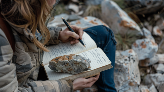 geologist journaling about a rock